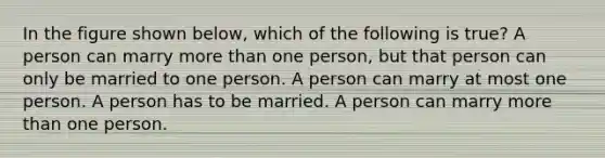 In the figure shown below, which of the following is true? A person can marry more than one person, but that person can only be married to one person. A person can marry at most one person. A person has to be married. A person can marry more than one person.