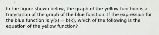 In the figure shown below, the graph of the yellow function is a translation of the graph of the blue function. If the expression for the blue function is y(x) = b(x), which of the following is the equation of the yellow function?