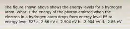 The figure shown above shows the energy levels for a hydrogen atom. What is the energy of the photon emitted when the electron in a hydrogen atom drops from energy level E5 to energy level E2? a. 2.86 eV c. 2.904 eV b. -2.904 eV d. -2.86 eV