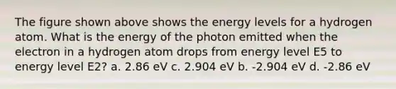 The figure shown above shows the energy levels for a hydrogen atom. What is the energy of the photon emitted when the electron in a hydrogen atom drops from energy level E5 to energy level E2? a. 2.86 eV c. 2.904 eV b. -2.904 eV d. -2.86 eV