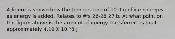 A figure is shown how the temperature of 10.0 g of ice changes as energy is added. Relates to #'s 26-28 27 b. At what point on the figure above is the amount of energy transferred as heat approximately 4.19 X 10^3 J