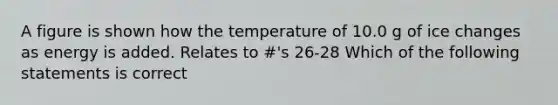 A figure is shown how the temperature of 10.0 g of ice changes as energy is added. Relates to #'s 26-28 Which of the following statements is correct