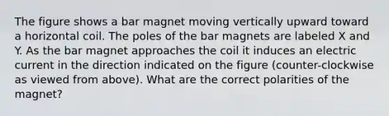 The figure shows a bar magnet moving vertically upward toward a horizontal coil. The poles of the bar magnets are labeled X and Y. As the bar magnet approaches the coil it induces an electric current in the direction indicated on the figure (counter-clockwise as viewed from above). What are the correct polarities of the magnet?