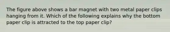 The figure above shows a bar magnet with two metal paper clips hanging from it. Which of the following explains why the bottom paper clip is attracted to the top paper clip?