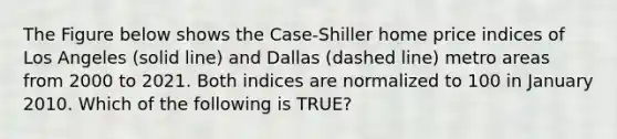 The Figure below shows the Case-Shiller home price indices of Los Angeles (solid line) and Dallas (dashed line) metro areas from 2000 to 2021. Both indices are normalized to 100 in January 2010. Which of the following is TRUE?