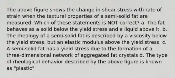 The above figure shows the change in shear stress with rate of strain when the textural properties of a semi-solid fat are measured. Which of these statements is NOT correct? a. The fat behaves as a solid below the yield stress and a liquid above it. b. The rheology of a semi-solid fat is described by a viscosity below the yield stress, but an elastic modulus above the yield stress. c. A semi-solid fat has a yield stress due to the formation of a three-dimensional network of aggregated fat crystals d. The type of rheological behavior described by the above figure is known as "plastic"