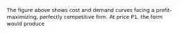 The figure above shows cost and demand curves facing a profit-maximizing, perfectly competitive firm. At price P1, the form would produce