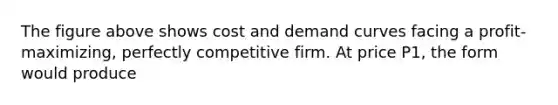 The figure above shows cost and demand curves facing a profit-maximizing, perfectly competitive firm. At price P1, the form would produce