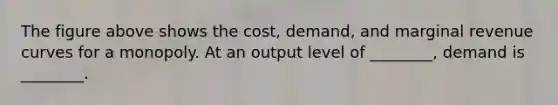 The figure above shows the cost, demand, and marginal revenue curves for a monopoly. At an output level of ________, demand is ________.