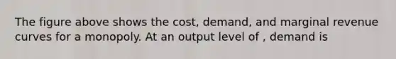 The figure above shows the cost, demand, and marginal revenue curves for a monopoly. At an output level of , demand is