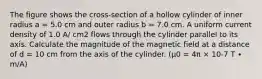 The figure shows the cross-section of a hollow cylinder of inner radius a = 5.0 cm and outer radius b = 7.0 cm. A uniform current density of 1.0 A/ cm2 flows through the cylinder parallel to its axis. Calculate the magnitude of the magnetic field at a distance of d = 10 cm from the axis of the cylinder. (μ0 = 4π × 10-7 T ∙ m/A)