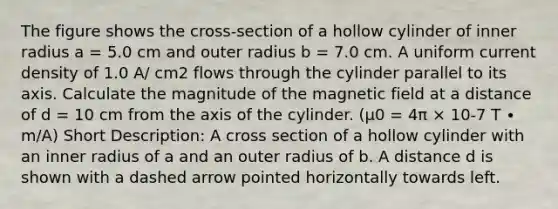 The figure shows the cross-section of a hollow cylinder of inner radius a = 5.0 cm and outer radius b = 7.0 cm. A uniform current density of 1.0 A/ cm2 flows through the cylinder parallel to its axis. Calculate the magnitude of the magnetic field at a distance of d = 10 cm from the axis of the cylinder. (μ0 = 4π × 10-7 T ∙ m/A) Short Description: A cross section of a hollow cylinder with an inner radius of a and an outer radius of b. A distance d is shown with a dashed arrow pointed horizontally towards left.