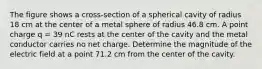 The figure shows a cross-section of a spherical cavity of radius 18 cm at the center of a metal sphere of radius 46.8 cm. A point charge q = 39 nC rests at the center of the cavity and the metal conductor carries no net charge. Determine the magnitude of the electric field at a point 71.2 cm from the center of the cavity.