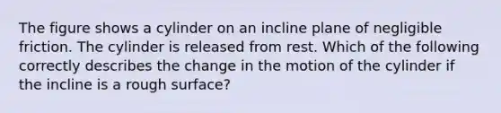 The figure shows a cylinder on an incline plane of negligible friction. The cylinder is released from rest. Which of the following correctly describes the change in the motion of the cylinder if the incline is a rough surface?