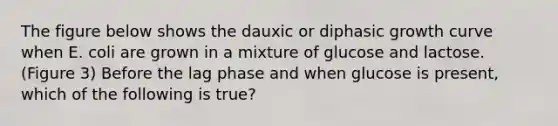 The figure below shows the dauxic or diphasic growth curve when E. coli are grown in a mixture of glucose and lactose. (Figure 3) Before the lag phase and when glucose is present, which of the following is true?