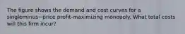 The figure shows the demand and cost curves for a singleminus−price ​profit-maximizing monopoly. What total costs will this firm​ incur?
