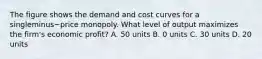 The figure shows the demand and cost curves for a singleminus−price monopoly. What level of output maximizes the​ firm's economic​ profit? A. 50 units B. 0 units C. 30 units D. 20 units