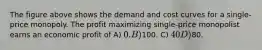 The figure above shows the demand and cost curves for a single-price monopoly. The profit maximizing single-price monopolist earns an economic profit of A) 0. B)100. C) 40 D)80.