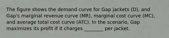 The figure shows the demand curve for Gap jackets ​(D​), and​ Gap's marginal revenue curve ​(MR​), marginal cost curve ​(MC​), and average total cost curve ​(ATC​). In the​ scenario, Gap maximizes its profit if it charges​ ________ per jacket.