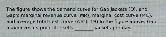 The figure shows the demand curve for Gap jackets (D), and Gap's marginal revenue curve (MR), marginal cost curve (MC), and average total cost curve (ATC). 19) In the figure above, Gap maximizes its profit if it sells ________ jackets per day.