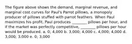 The figure above shows the demand, marginal revenue, and marginal cost curves for Paul's Parrot pillows, a monopoly producer of pillows stuffed with parrot feathers. When Paul maximizes his profit, Paul produces ________ pillows per hour, and if the market was perfectly competitive, ________ pillows per hour would be produced. a. 0; 4,000 b. 3,000; 4,000 c. 4,000; 4,000 d. 3,000; 3,000 e. 0; 3,000