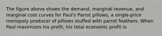 The figure above shows the demand, marginal revenue, and marginal cost curves for Paul's Parrot pillows, a single-price monopoly producer of pillows stuffed with parrot feathers. When Paul maximizes his profit, his total economic profit is