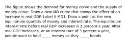 The figure shows the demand for money curve and the supply of money curve. Draw a new MD curve that shows the effect of an increase in real GDP. Label it MD1. Draw a point at the new equilibrium quantity of money and interest rate. The equilibrium interest rate before real GDP increases is 3 percent a year. After real GDP​ increases, at an interest rate of 3 percent a​ year, people want to hold​ _____ money so they​ _____ bonds.