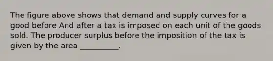 The figure above shows that demand and supply curves for a good before And after a tax is imposed on each unit of the goods sold. The producer surplus before the imposition of the tax is given by the area __________.