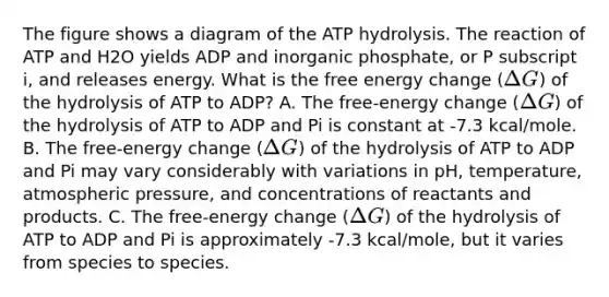 The figure shows a diagram of the ATP hydrolysis. The reaction of ATP and H2O yields ADP and inorganic phosphate, or P subscript i, and releases energy. What is the free energy change (Delta G) of the hydrolysis of ATP to ADP? A. The free-energy change (Delta G) of the hydrolysis of ATP to ADP and Pi is constant at -7.3 kcal/mole. B. The free-energy change (Delta G) of the hydrolysis of ATP to ADP and Pi may vary considerably with variations in pH, temperature, atmospheric pressure, and concentrations of reactants and products. C. The free-energy change (Delta G) of the hydrolysis of ATP to ADP and Pi is approximately -7.3 kcal/mole, but it varies from species to species.