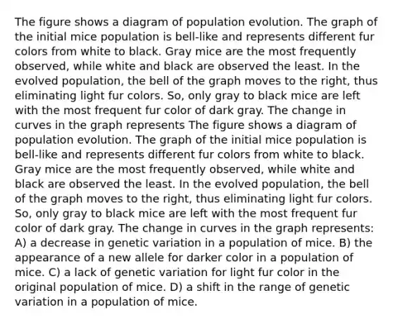 The figure shows a diagram of population evolution. The graph of the initial mice population is bell-like and represents different fur colors from white to black. Gray mice are the most frequently observed, while white and black are observed the least. In the evolved population, the bell of the graph moves to the right, thus eliminating light fur colors. So, only gray to black mice are left with the most frequent fur color of dark gray. The change in curves in the graph represents The figure shows a diagram of population evolution. The graph of the initial mice population is bell-like and represents different fur colors from white to black. Gray mice are the most frequently observed, while white and black are observed the least. In the evolved population, the bell of the graph moves to the right, thus eliminating light fur colors. So, only gray to black mice are left with the most frequent fur color of dark gray. The change in curves in the graph represents: A) a decrease in genetic variation in a population of mice. B) the appearance of a new allele for darker color in a population of mice. C) a lack of genetic variation for light fur color in the original population of mice. D) a shift in the range of genetic variation in a population of mice.