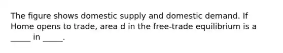 The figure shows domestic supply and domestic demand. If Home opens to trade, area d in the free-trade equilibrium is a _____ in _____.