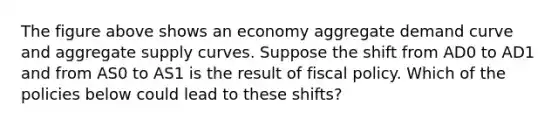 The figure above shows an economy aggregate demand curve and aggregate supply curves. Suppose the shift from AD0 to AD1 and from AS0 to AS1 is the result of <a href='https://www.questionai.com/knowledge/kPTgdbKdvz-fiscal-policy' class='anchor-knowledge'>fiscal policy</a>. Which of the policies below could lead to these shifts?