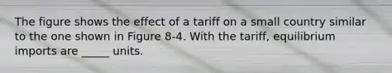 The figure shows the effect of a tariff on a small country similar to the one shown in Figure 8-4. With the tariff, equilibrium imports are _____ units.