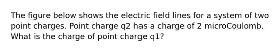 The figure below shows the electric field lines for a system of two point charges. Point charge q2 has a charge of 2 microCoulomb. What is the charge of point charge q1?