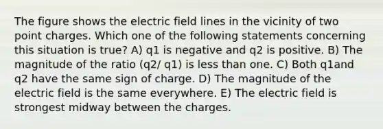 The figure shows the electric field lines in the vicinity of two point charges. Which one of the following statements concerning this situation is true? A) q1 is negative and q2 is positive. B) The magnitude of the ratio (q2/ q1) is less than one. C) Both q1and q2 have the same sign of charge. D) The magnitude of the electric field is the same everywhere. E) The electric field is strongest midway between the charges.