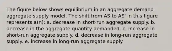 ​The figure below shows equilibrium in an aggregate demand-aggregate supply model. The shift from AS to AS' in this figure represents a(n): a. ​decrease in short-run aggregate supply. b. ​decrease in the aggregate quantity demanded. c. ​increase in short-run aggregate supply. d. ​decrease in long-run aggregate supply. e. ​increase in long-run aggregate supply.