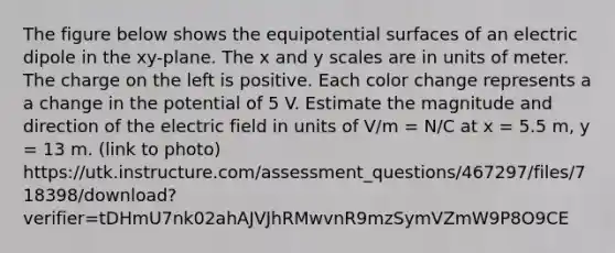 The figure below shows the equipotential surfaces of an electric dipole in the xy-plane. The x and y scales are in units of meter. The charge on the left is positive. Each color change represents a a change in the potential of 5 V. Estimate the magnitude and direction of the electric field in units of V/m = N/C at x = 5.5 m, y = 13 m. (link to photo) https://utk.instructure.com/assessment_questions/467297/files/718398/download?verifier=tDHmU7nk02ahAJVJhRMwvnR9mzSymVZmW9P8O9CE