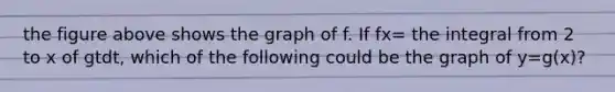 the figure above shows the graph of f. If fx= the integral from 2 to x of gtdt, which of the following could be the graph of y=g(x)?