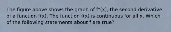 The figure above shows the graph of f"(x), the second derivative of a function f(x). The function f(x) is continuous for all x. Which of the following statements about f are true?