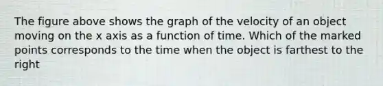 The figure above shows the graph of the velocity of an object moving on the x axis as a function of time. Which of the marked points corresponds to the time when the object is farthest to the right