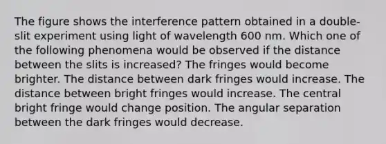 The figure shows the interference pattern obtained in a double-slit experiment using light of wavelength 600 nm. Which one of the following phenomena would be observed if the distance between the slits is increased? The fringes would become brighter. The distance between dark fringes would increase. The distance between bright fringes would increase. The central bright fringe would change position. The angular separation between the dark fringes would decrease.