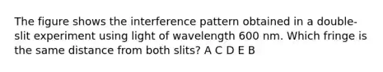 The figure shows the interference pattern obtained in a double-slit experiment using light of wavelength 600 nm. Which fringe is the same distance from both slits? A C D E B