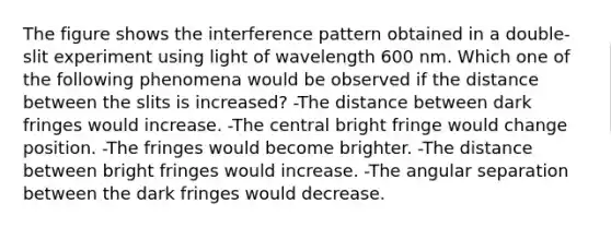 The figure shows the interference pattern obtained in a double-slit experiment using light of wavelength 600 nm. Which one of the following phenomena would be observed if the distance between the slits is increased? -The distance between dark fringes would increase. -The central bright fringe would change position. -The fringes would become brighter. -The distance between bright fringes would increase. -The angular separation between the dark fringes would decrease.