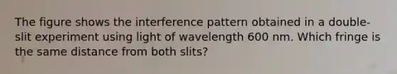 The figure shows the interference pattern obtained in a double-slit experiment using light of wavelength 600 nm. Which fringe is the same distance from both slits?