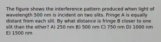 The figure shows the interference pattern produced when light of wavelength 500 nm is incident on two slits. Fringe A is equally distant from each slit. By what distance is fringe B closer to one slit than the other? A) 250 nm B) 500 nm C) 750 nm D) 1000 nm E) 1500 nm