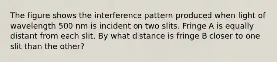 The figure shows the interference pattern produced when light of wavelength 500 nm is incident on two slits. Fringe A is equally distant from each slit. By what distance is fringe B closer to one slit than the other?