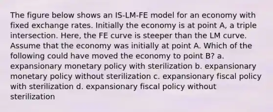 The figure below shows an IS-LM-FE model for an economy with fixed exchange rates. Initially the economy is at point A, a triple intersection. Here, the FE curve is steeper than the LM curve. Assume that the economy was initially at point A. Which of the following could have moved the economy to point B? a. expansionary monetary policy with sterilization b. expansionary monetary policy without sterilization c. expansionary fiscal policy with sterilization d. expansionary fiscal policy without sterilization