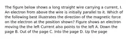 The figure below shows a long straight wire carrying a current, I. An electron from above the wire is initially parallel to it. Which of the following best illustrates the direction of the magnetic force on the electron at the position shown? Figure shows an electron moving the the left Current also points to the left A. Down the page B. Out of the page C. Into the page D. Up the page