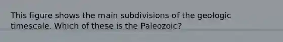 This figure shows the main subdivisions of the <a href='https://www.questionai.com/knowledge/k8JpI6wldh-geologic-time' class='anchor-knowledge'>geologic time</a>scale. Which of these is the Paleozoic?