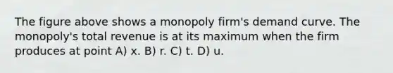 The figure above shows a monopoly firm's demand curve. The monopoly's total revenue is at its maximum when the firm produces at point A) x. B) r. C) t. D) u.